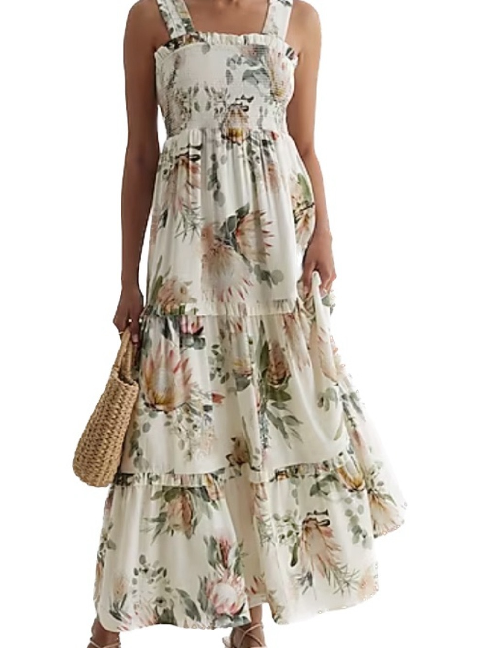Express Floral Smocked Bodice Maxi Dress - White Floral NWT
